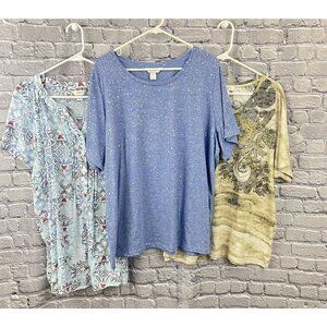 Set Of 3 CJ Banks Womens Short Sleeve Tops 2X Blue & Beige With Sparkle & Print